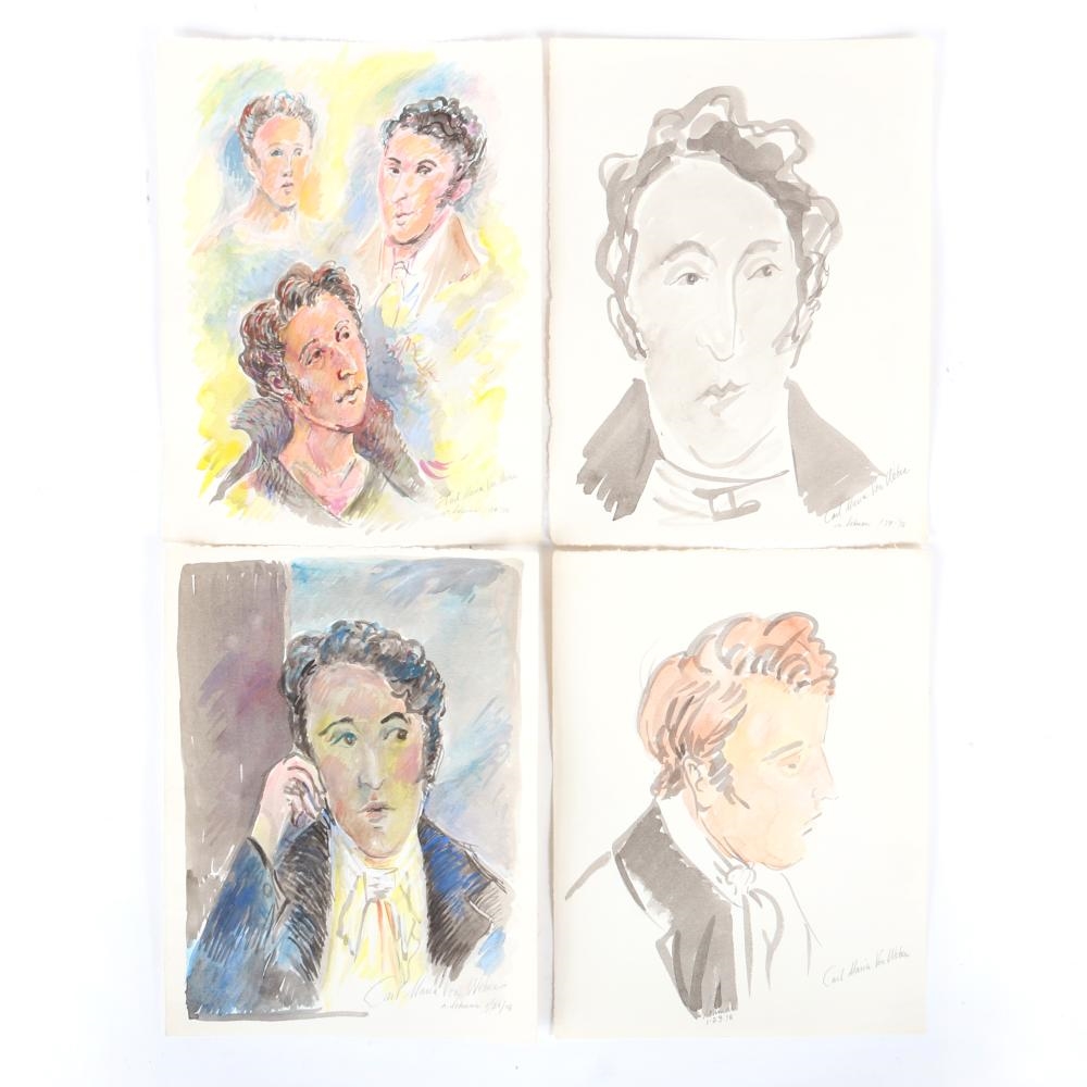Artwork by Robert Lohman, four figure studies of Carl Maria von Weber, Made of watercolors on paper