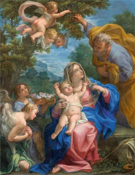 The Holy Family with putti in a landscape. by Giovanni Odazzi