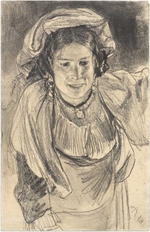 Female figure in traditional costume leaning forward, from the front (Maria Cocozza). by Adolph von Menzel, Circa 1881/1882