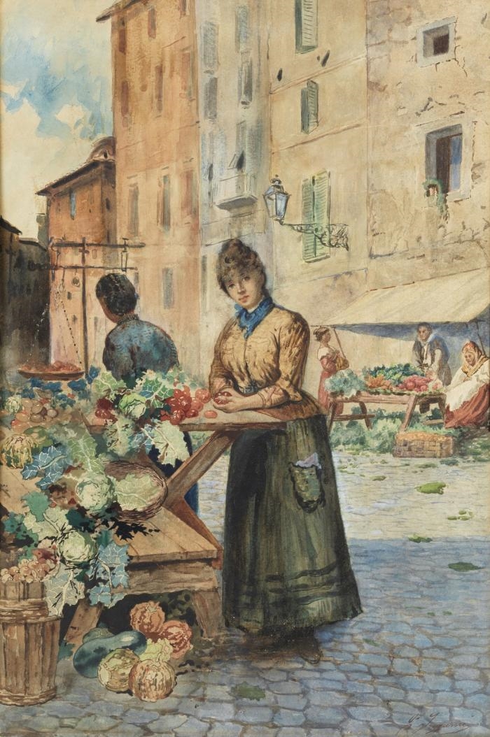 Angelo Inganni | City view with greengrocers. (2021) | MutualArt