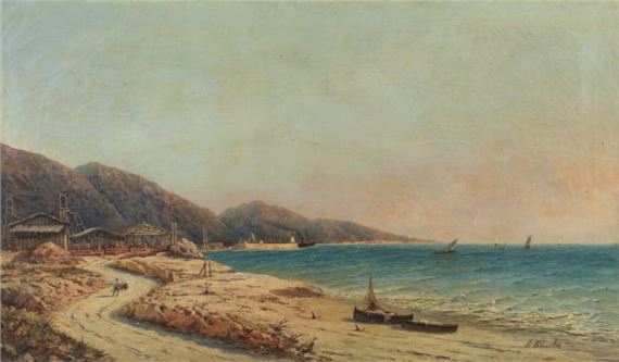 Seascape with boats and character. by Louis Alphonse Ernest Bouche
