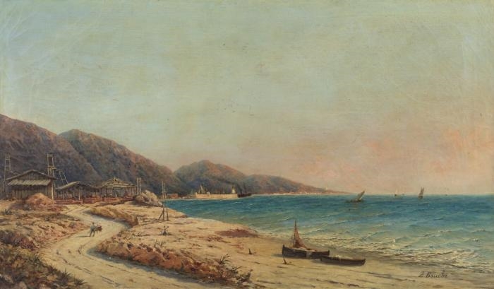 Artwork by Louis Alphonse Ernest Bouche, Seascape with boats and character., Made of Oil on canvas