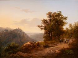 Promeneurs sur fond de paysage vallonné by Edouard de Vigne