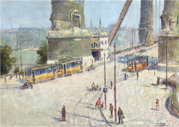 Trams on the old Elizabeth Bridge by Ödön Guzsik, c. 1935