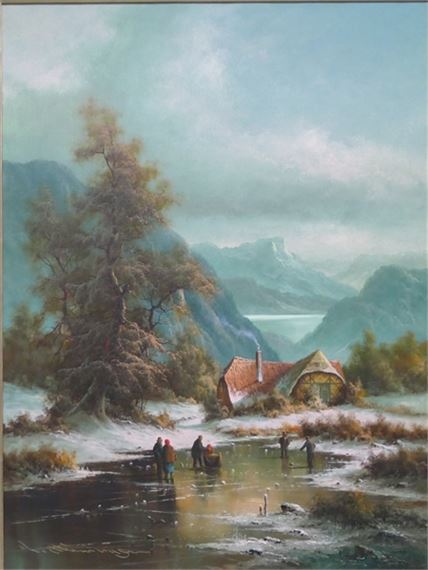 Winterliches Eisvergnügen, Personen auf zugefrorenem See mit Bauernhaus, im Hintergrund Gebirgskette by Ludwig Muninger
