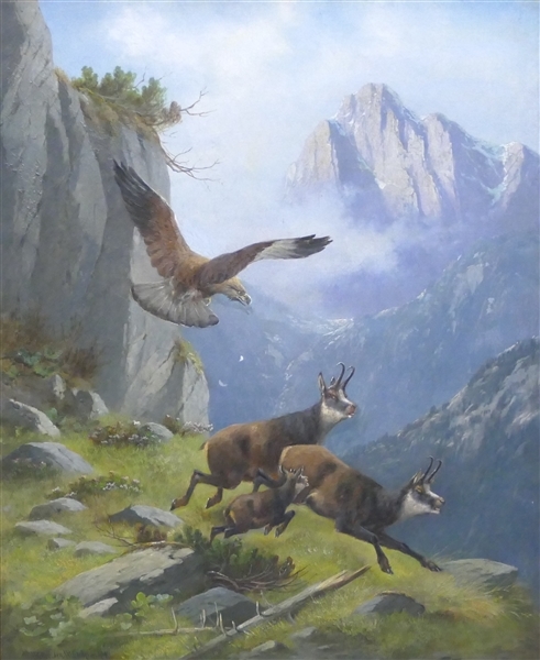Hochgebirgslandschaft, Gemsen flüchten vor einem Adler by Moritz Müller I, (18)94