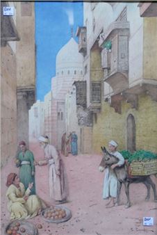 Arabische Händler mit Früchten und einem Esel im Verkaufsgespräch - Enrico Tanghi