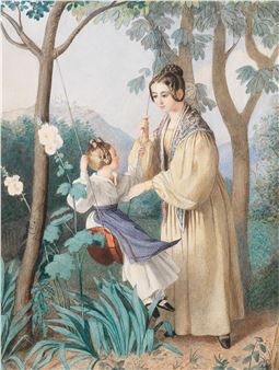 Sisters Julie and Ludovica Krafft in a garden with a view of Leopoldsberg - Marie Krafft