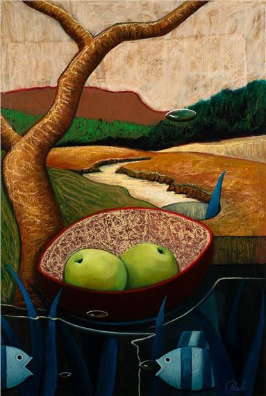 FISH AND FRUIT BEFORE A LANDSCAPE - Paul D'Arcy
