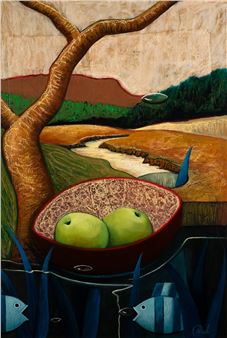 FISH AND FRUIT BEFORE A LANDSCAPE - Paul D'Arcy