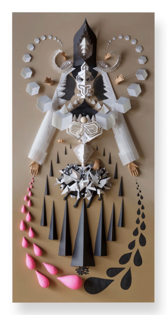 Artwork by Meredith Dittmar, Space Being (Don't Forget to Remember) Curved, Made of paper, polymer clay, and acrylic on wood panel