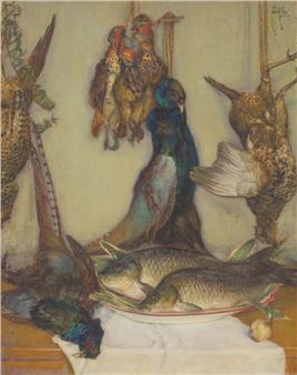 A still life of hunted game and fish displayed on a table.