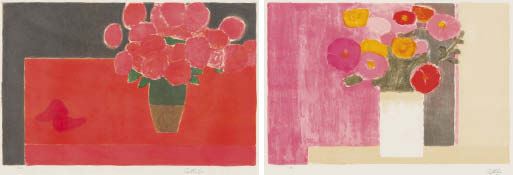 Hortensias et poivrons a la table rouge by Bernard Cathelin, 1989