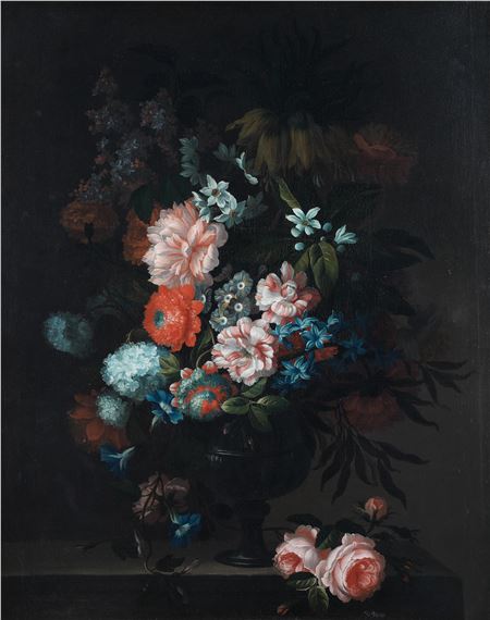 Roses, tulips, carnations and other flowers in a glass vase, with honeysuckle and morning glory on a stone ledge; and Tulips, carnations, chrysanthemums and other flowers in a glass vase with roses on a stone ledge by Pieter Hardimé