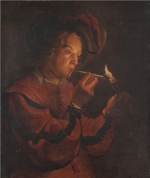 Gerrit van Honthorst | A young man lighting his pipe | MutualArt