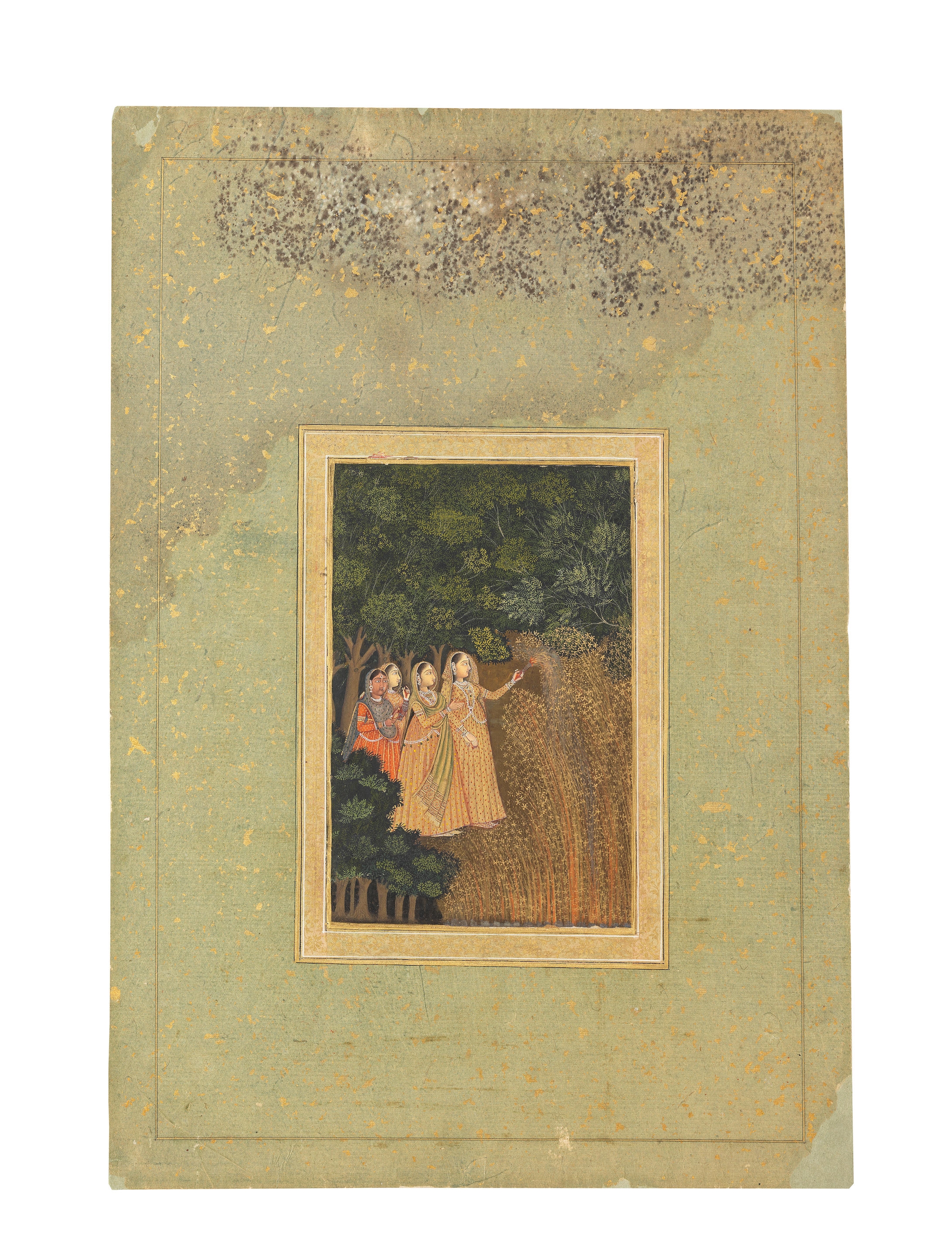 Maidens with fireworks in a forest grove, probably during the festival of Shab-barat by Mughal School, 18th Century, 17th-18th Century