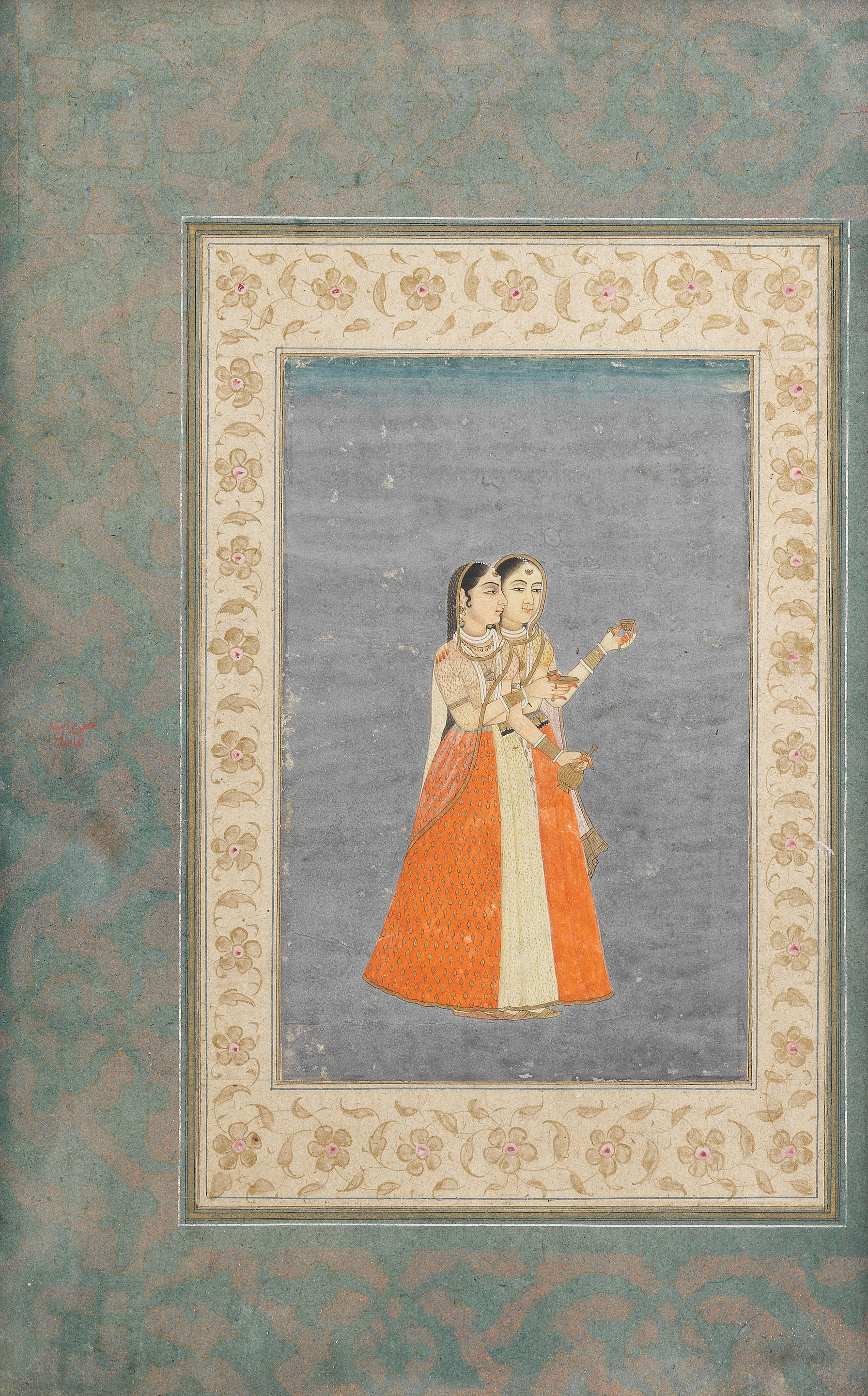 Two women, perhaps courtesans, holding wine cups and a flask