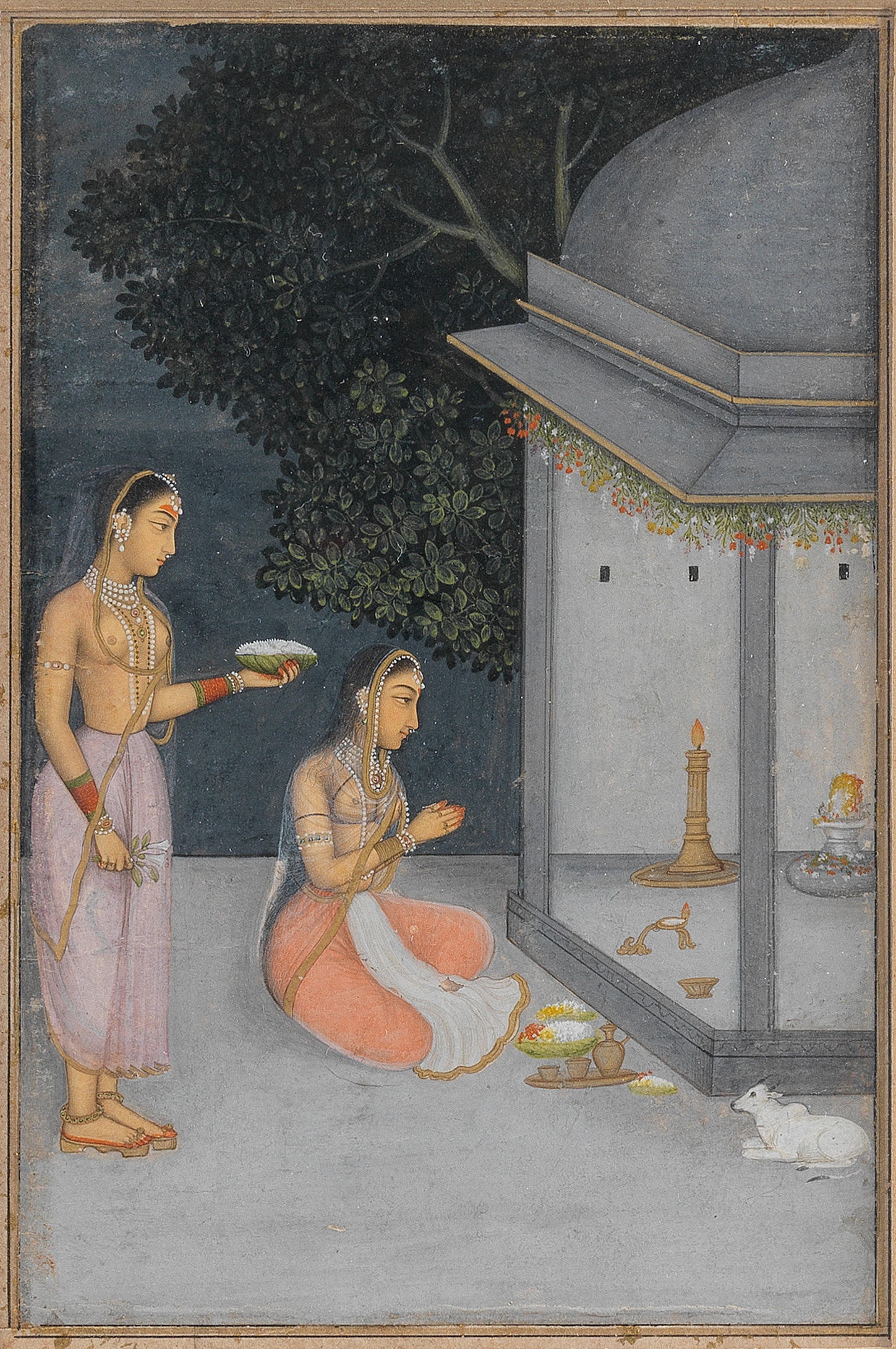 BHAIRAVI RAGINI : MAIDENS AT A SHRINE ON A TERRACE AT NIGHT