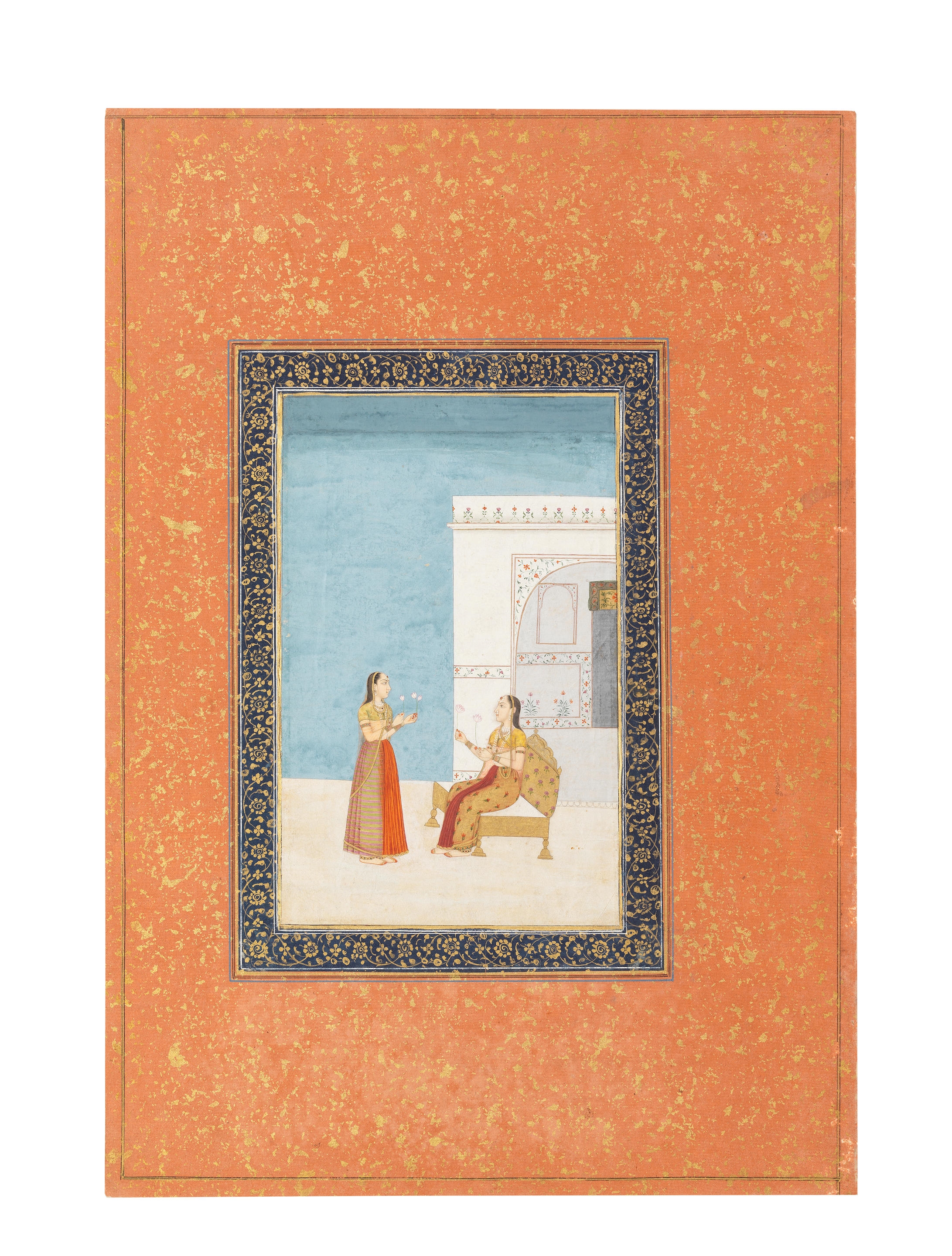 Artwork by Mughal School, 18th Century, Malsri ragini : two maidens in discourse on a terrace, holding long-stemmed lotus flowers, Made of gouache and gold on paper