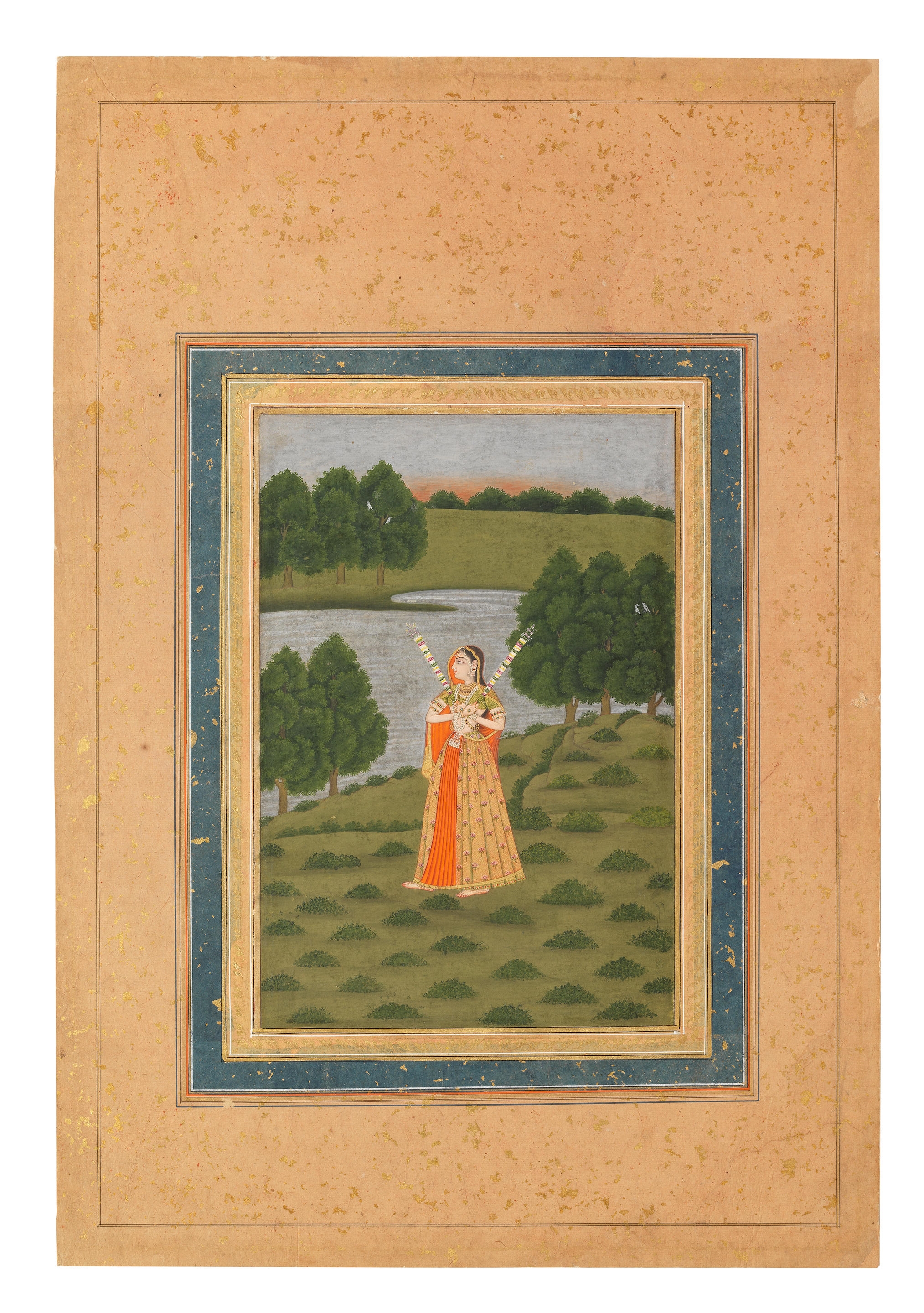 Gauri ragini : a maiden in a landscape holding decorated floral wands; verso, a calligraphic composition by Mughal School, 18th Century, Murid Khan Tabataba, circa 1730-1740