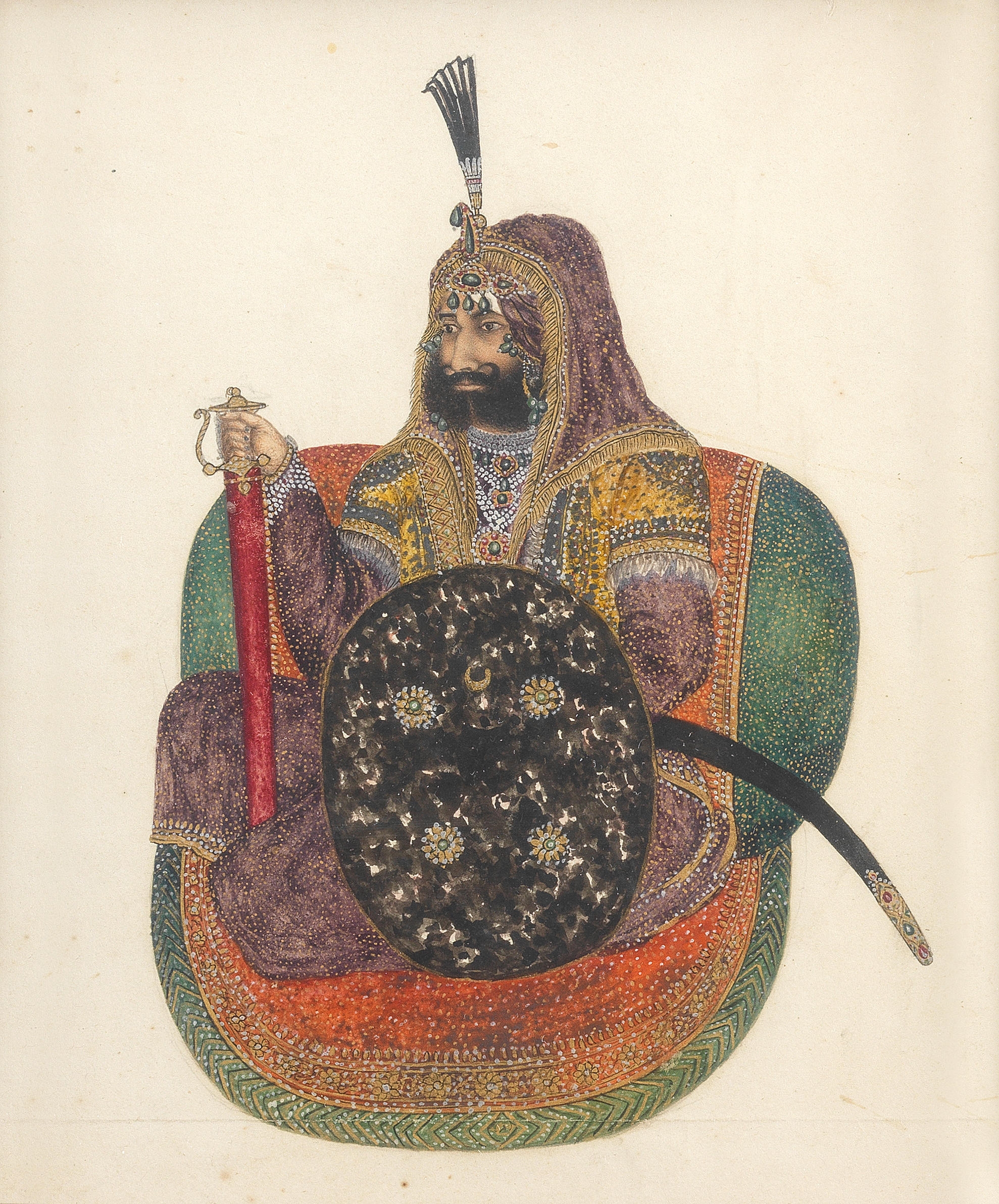 Maharajah Sher Singh (1807-43), armed with two tulwars and a shield, seated against a bolster by Punjab School, 19th Century, circa 1840-50