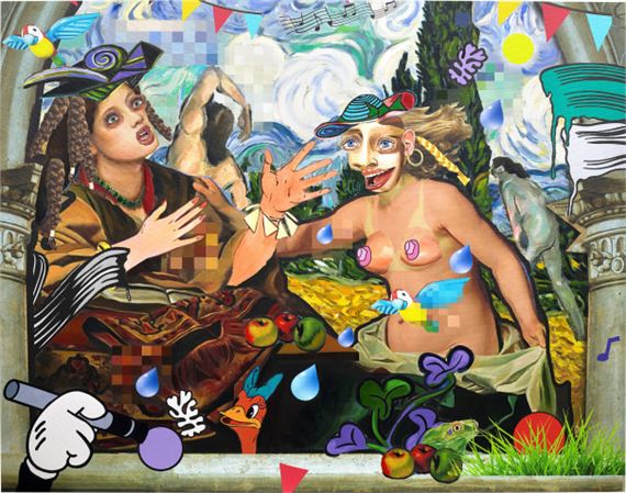 A chaotic pop-art collage featuring two expressive figures amidst surreal, fragmented imagery.