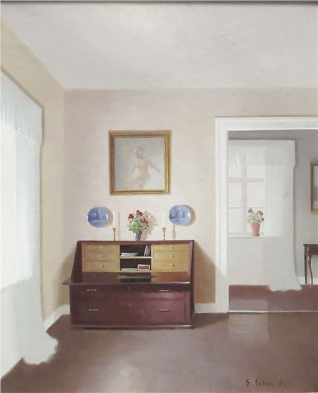 An interior with a fall-front bureau by E. Schneider