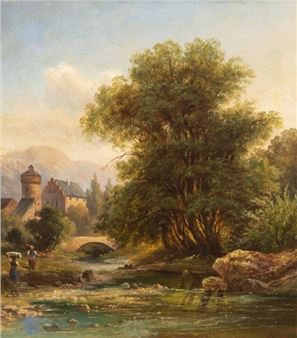 "Romantische Landschaft mit Wäscherinnen am Fluß" - Auguste Böhm