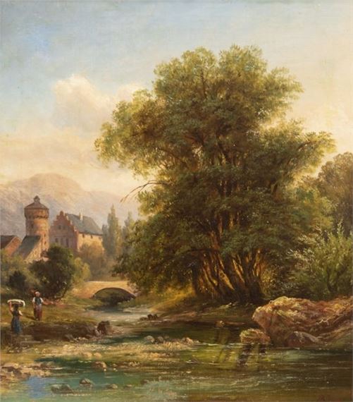 "Romantische Landschaft mit Wäscherinnen am Fluß" by Auguste Böhm