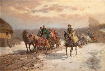 "Fröhliche Ausfahrt mit Pferdefuhrwerken in Winterlandschaft" - Fritz van der Venne