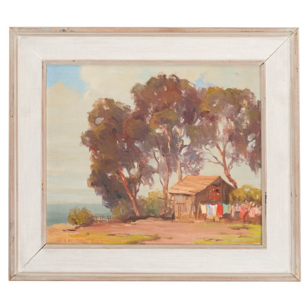 Doris Winchell Baker Untitled depicting a clapboard home by the sea with laundry hanging on a