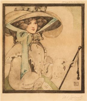 A stylized portrait of a figure in an elaborate hat holding a cane.