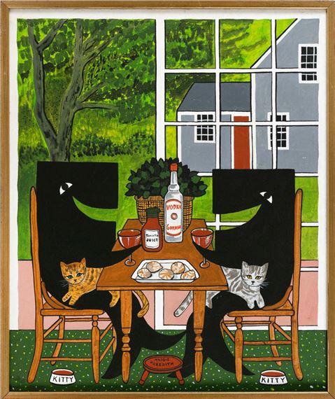 Whales enjoying Bloody Marys and oysters while cats sit in their laps. by Maggie Meredith