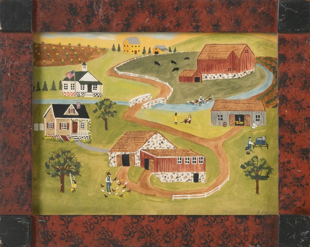 Artwork by Evelyn S. Dubiel, Folk art-style view of a town., Made of Watercolor and gouache on paper