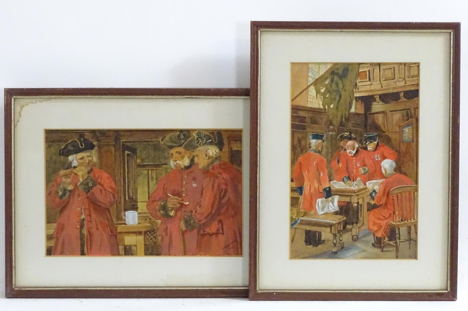 Artwork by John Eyre, Charles Templeton Rawlinson, Chelsea Pensioners discussing documents in the Great Hall at the Royal Hospital, Made of A pair of watercolours