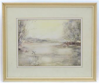 Ducks flying across Virginia Water - Virginia Duveen