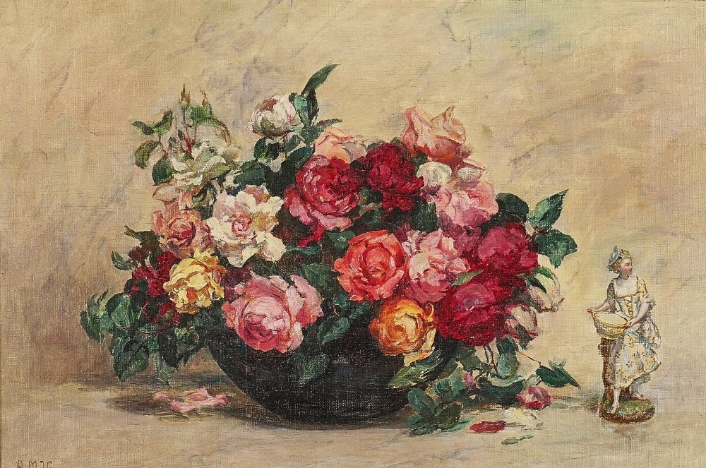 Artwork by A. M. Veness, Still life of flowers in a bowl, Made of oil on canvas
