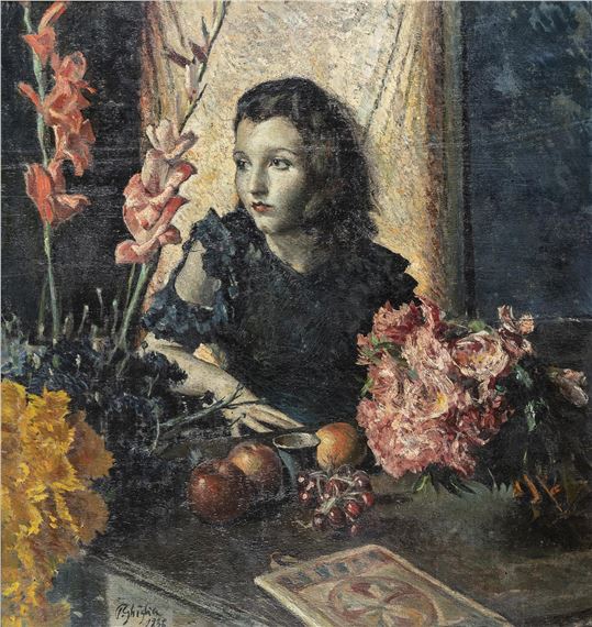 Ritratto di ragazza tra i fiori; paesaggio by Paolo Ghiglia, 1936