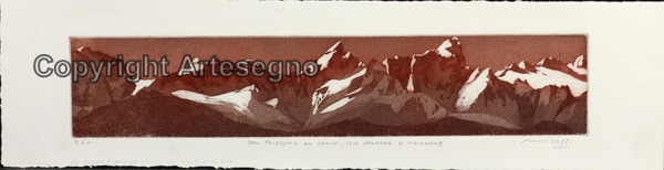 Artwork by Mario Micossi, Dal Prisojnik al Canin, con Jalovec e Mangart., Made of Aquatint on paper