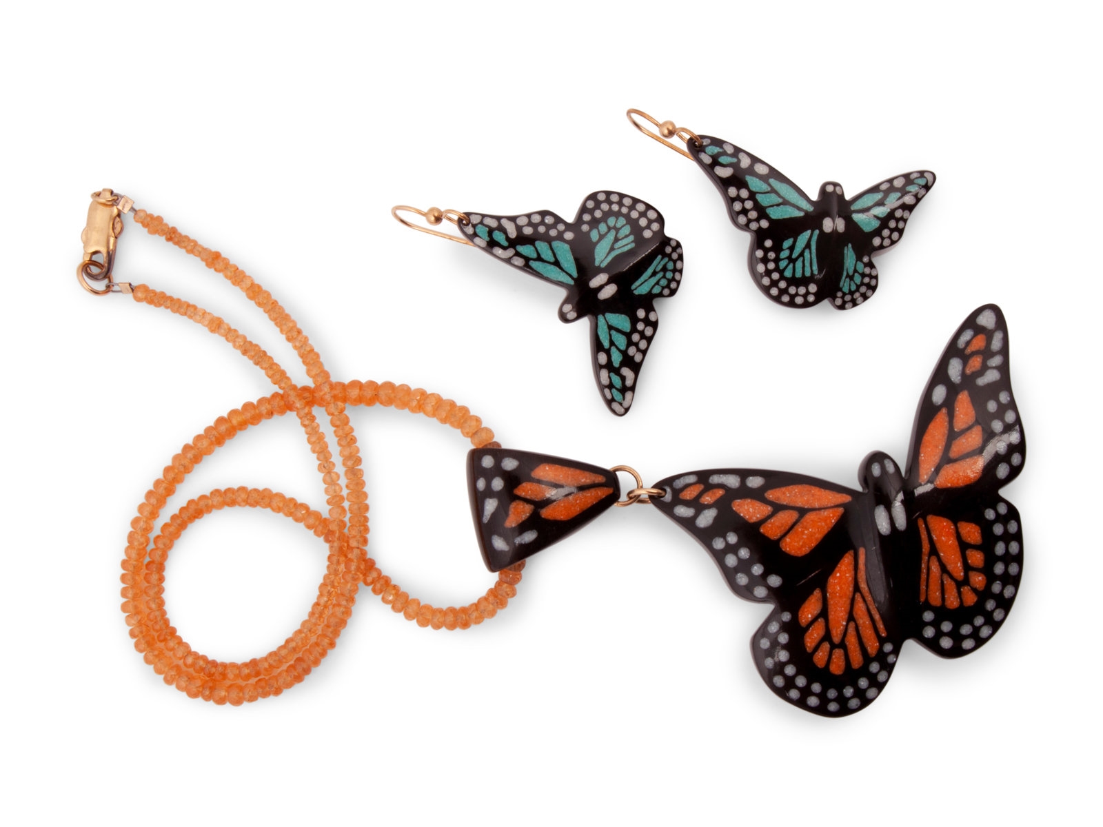 Artwork by Kevin Pouier, Carved Buffalo Horn Butterfly Necklace and Earrings, Made of Horn