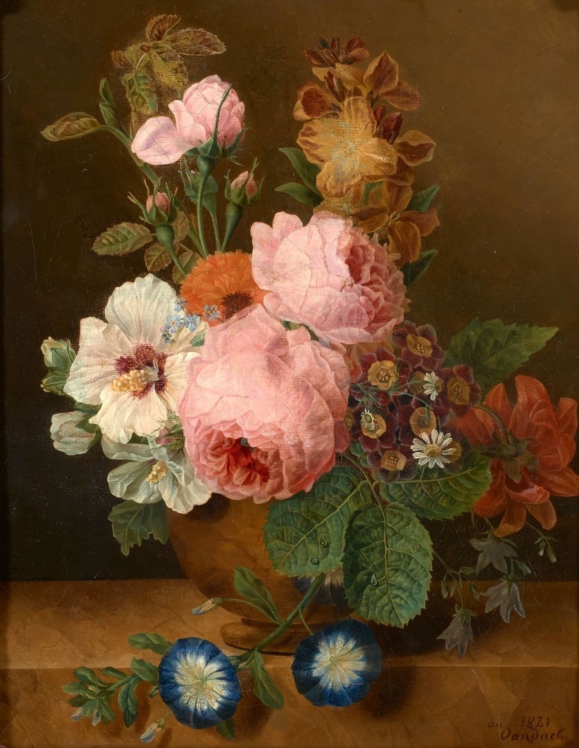 Jan Frans van Dael | Roses in a bulbous vase on a marble entablature ...