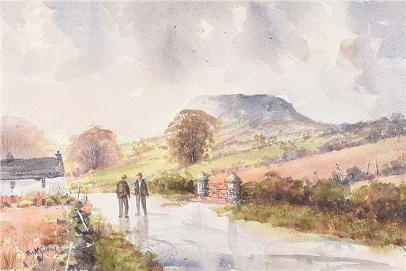 A watercolor landscape of two figures walking along a wet road toward distant hills.