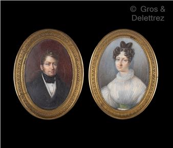 Pair of oval miniatures depicting a man with sideburns and a black jabot and a woman with a white dress and a green belt - Félicie de Watteville
