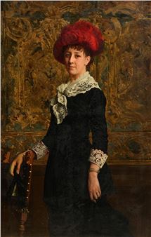 A three-quarter portrait of an elegant lady in front of leather wallpaper from Cordoba - Willem Geets