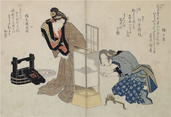 Yanagawa Shigenobu Begegnung Zweier Frauen Anzünden Einer Stehlampe 1830 Mutualart