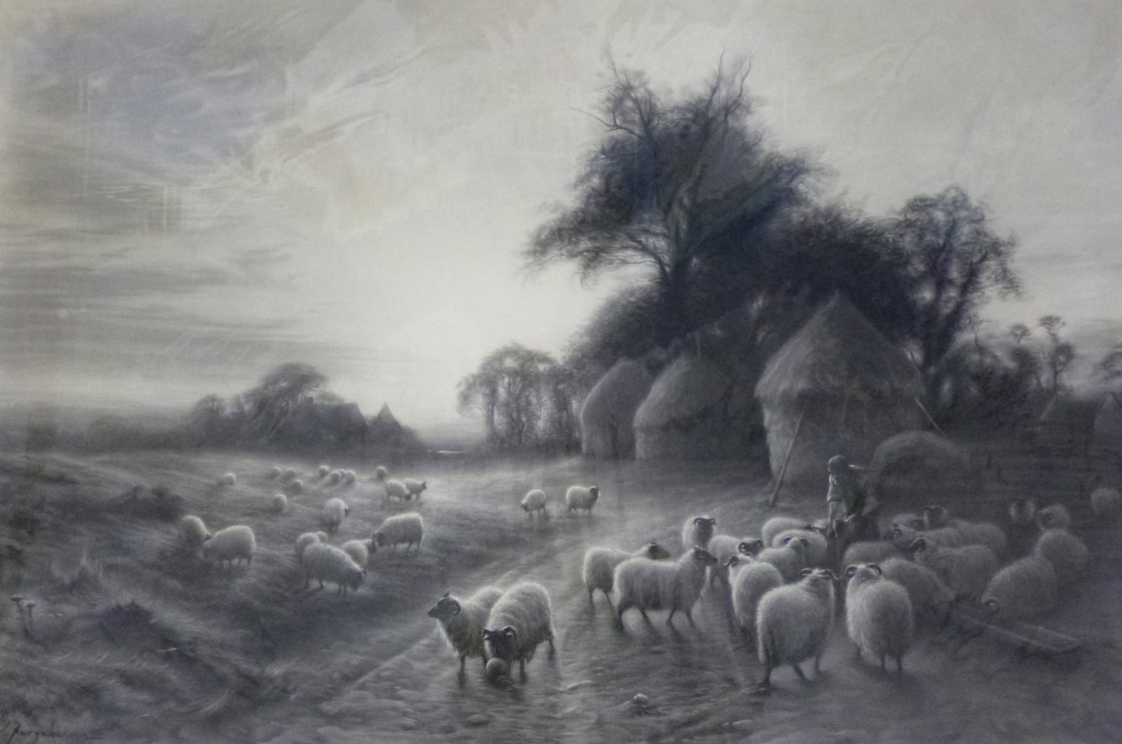 Artwork by Joseph Farquharson, Herbert Sedcole, Sheep grazing, Made of black and white engraving