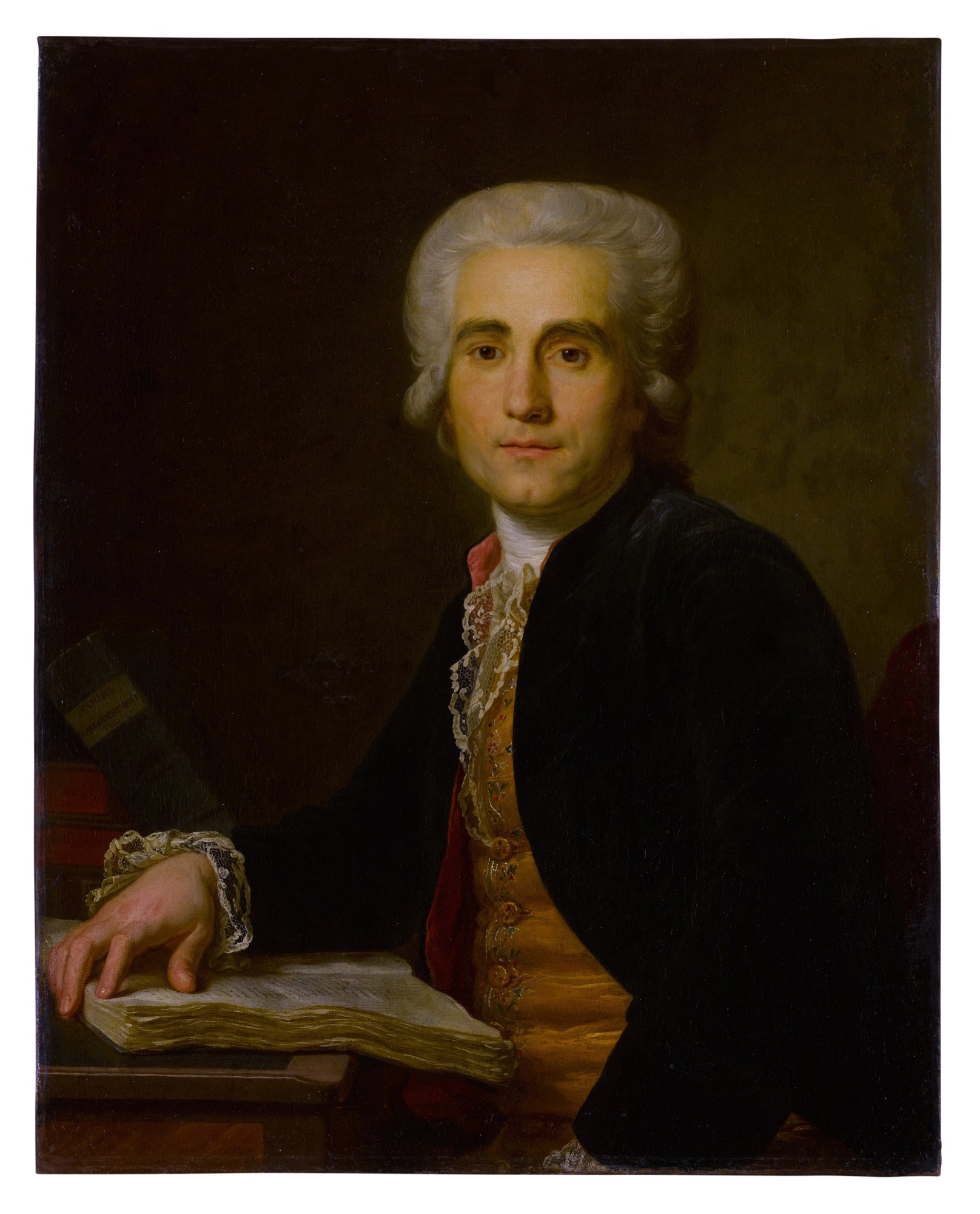 Portrait of Dr. Jean-Louis Baudelocque, half-length, seated at a table with an open book by Antoine Vestier