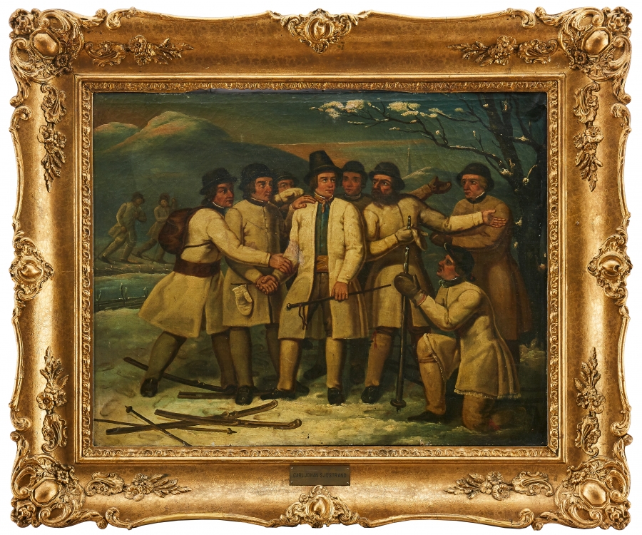 Artwork by Carl Johan Sjöstrand, Gustaf och skidlöparne, Made of oil on canvas