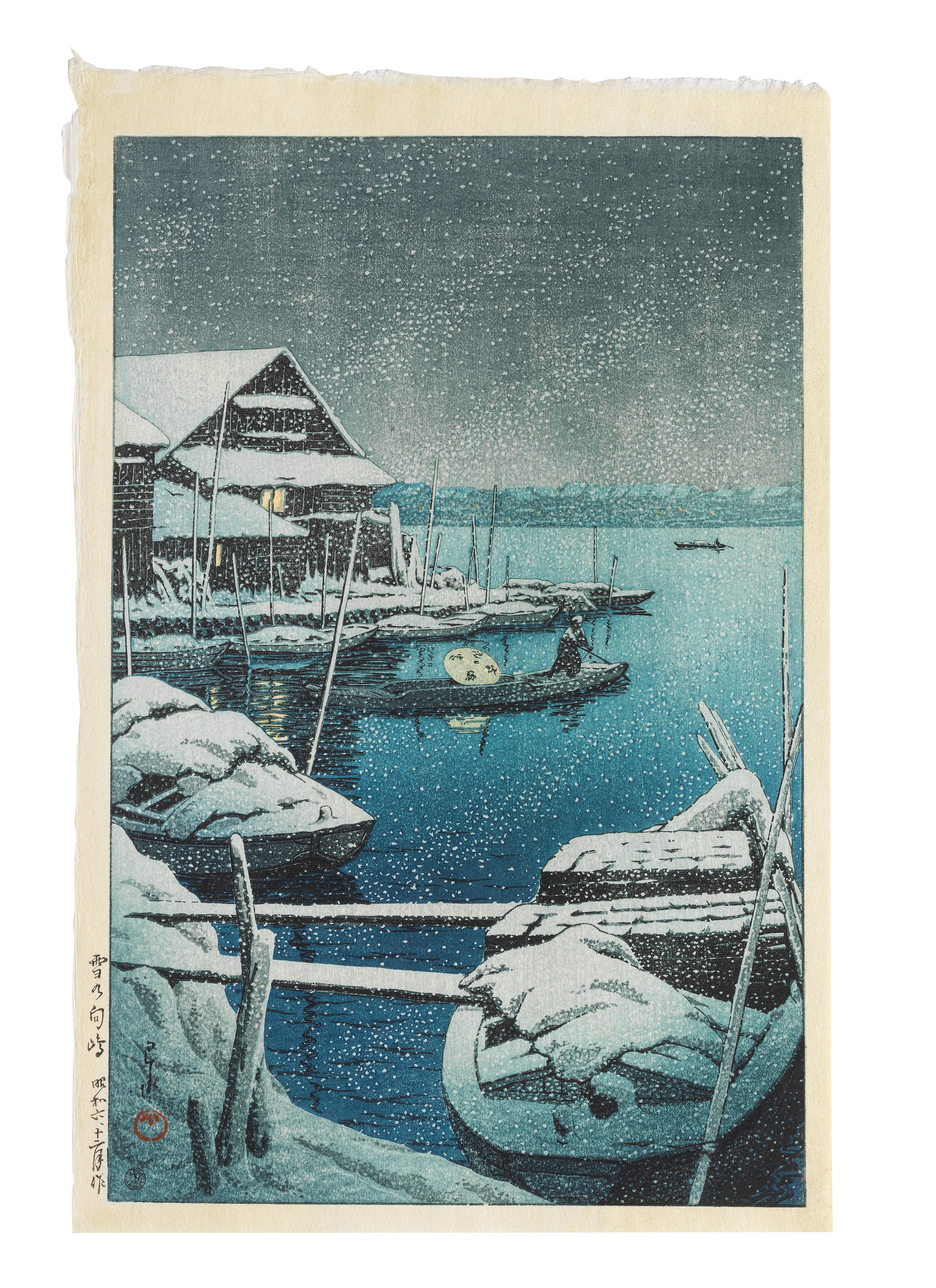 Artwork by Hasui Kawase, Yuki no Mukojima (Mukojima in Snow), Made of oban tate e print