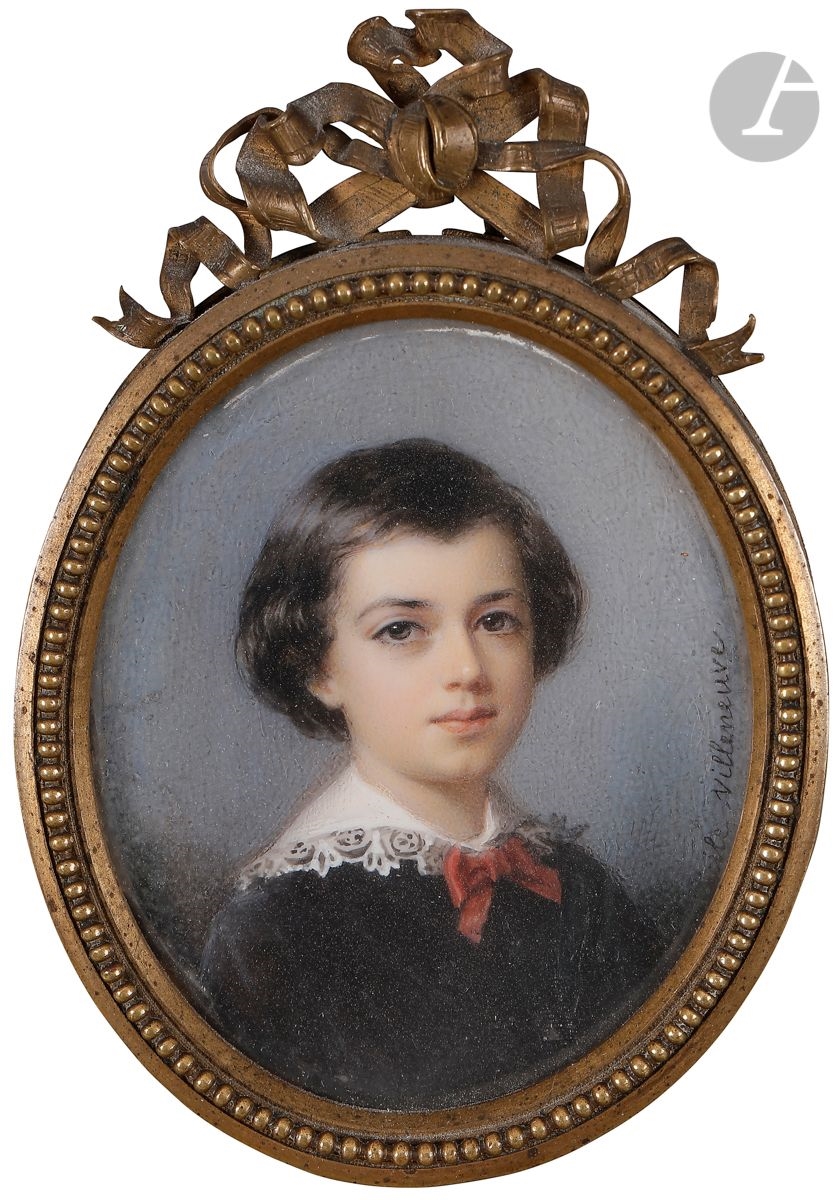 Miniature Portrait Laiton - Jeune Garçon Avec Livre - Style Brunet Madeleine - Objet De Collection